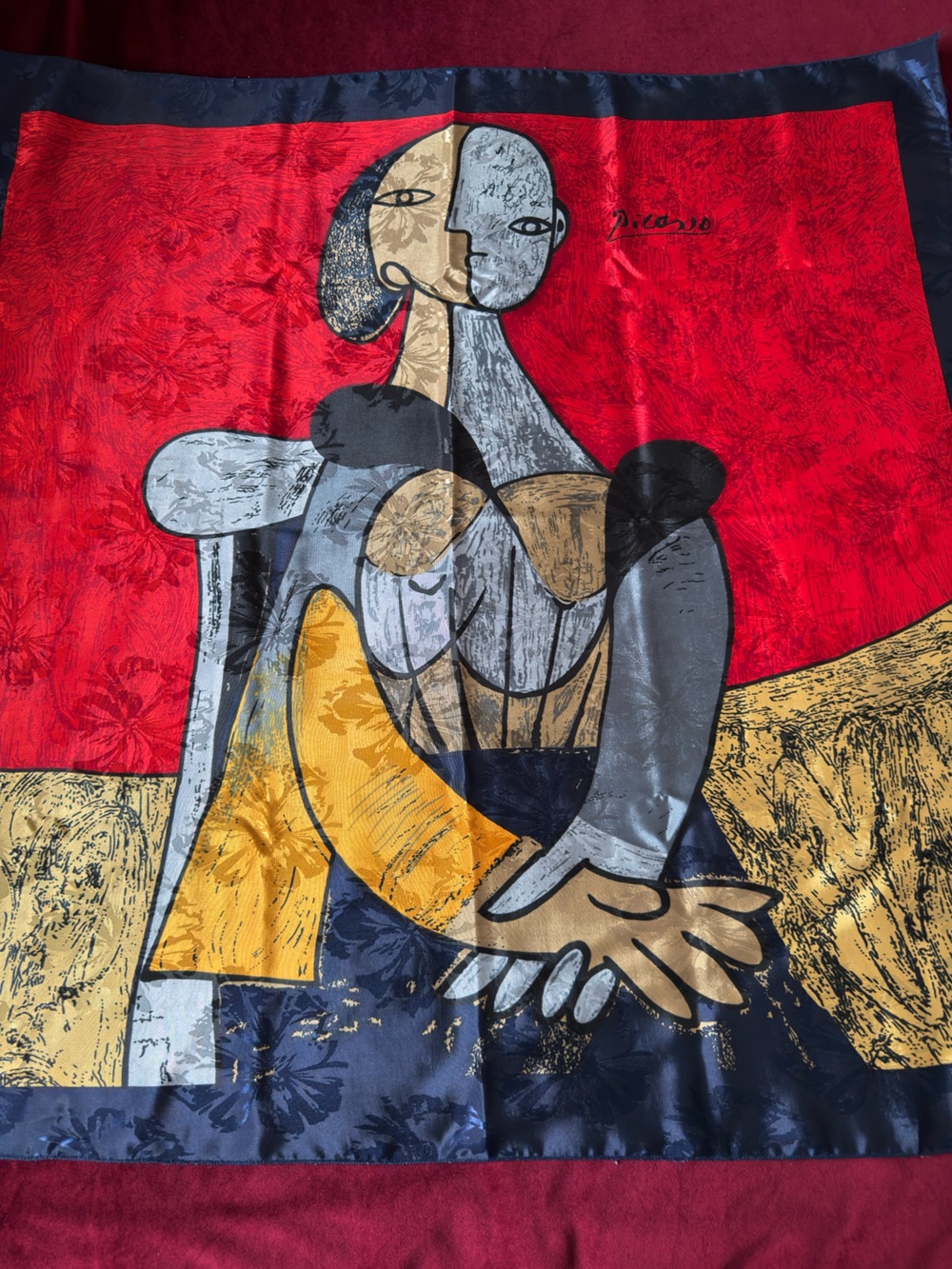 Modern Cubist Scarf in Red, Gold, Gray Sz L